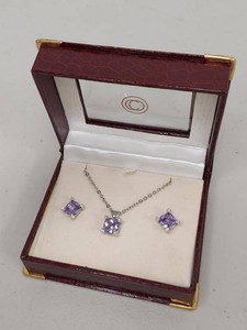 Silver Tone Lavender Cushion Cut Pendant Necklace & Earrings Set in Box