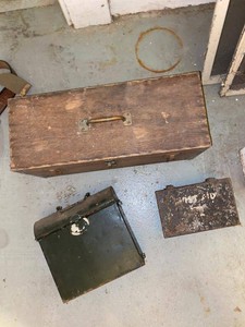 Vintage Wooden Toolbox w Tools Metal Utility Box First Aid Tin Lot