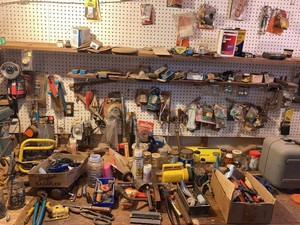 Lot of Assorted Workshop Hand Tools Hardware Parts on Bench & Pegboard Take what you want