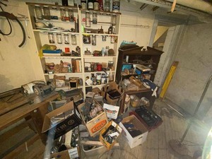 Basement Workshop Contents Lot With Shelving, Tools, Hardware & Jars Take what you want