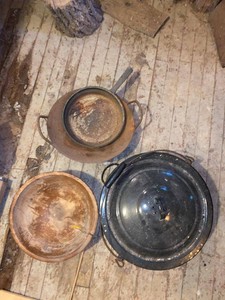 Lot of Vintage Enamel Cookware Cast Iron Pan Wood Bowl Rustic Kitchen