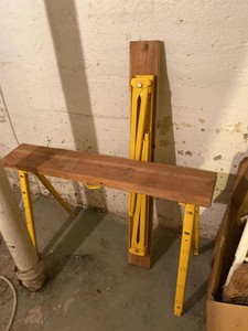 Pair of Pro Adjustable Height Heavy Duty Folding Sawhorses Wood Top