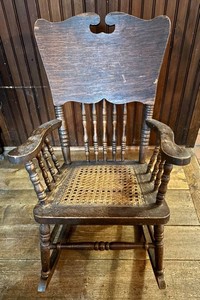 K - Antique Childrens Rocking Chair Cane Seat Dark Stain