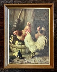 LR - Vintage Framed Rooster Wall Art Signed E Hunt 18 X 14