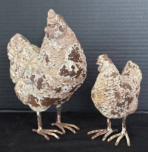 LR - Rustic Chicken Figurines Pair Vintage Metal Farmhouse Decor