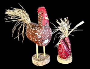 LR - Wooden Rooster Pair Folk Art Red & Straw