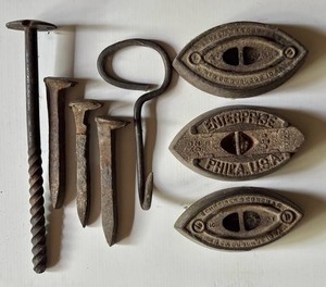 LR - Railroad Spikes, Enterprise Sad Irons & Hand-Forged Iron Hardware (8 Pieces)