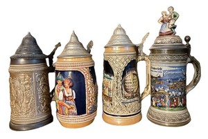 LR - Beer Steins - Four Decorative Lidded Steins (Lot of 4)