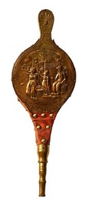 LR - Vintage Fireplace Bellows Brass Relief Pub Scene