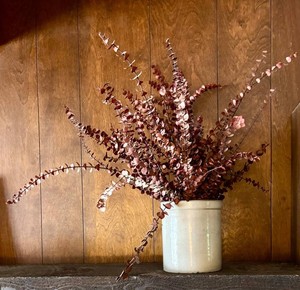 LR - Vintage Crock With Faux Purple Stems 8 in Tall