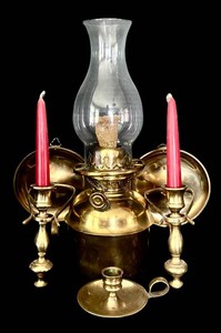 LR - Vintage Brass Oil Lamp & Candle Holders Four-Piece Mixed Lot