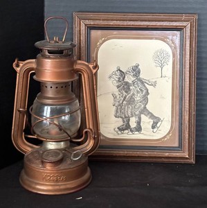 DR - Kerosene Lantern & Vintage Winter Sketch Framed Art Mixed Lot