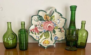 MB - Vintage Floral Dish with Green Glass Vases and Bottles