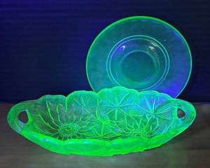 MB - Vintage Uranium Glass Floral Dish & Plate Set