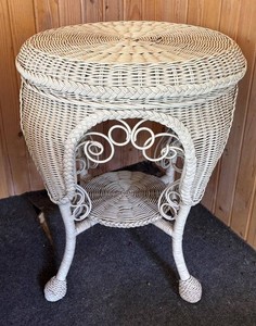 P - Vintage White Wicker Table with Scrolled Accents