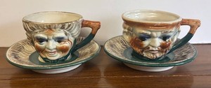 LR - Vintage Toby Style Character Teacups & Saucers Set of Two