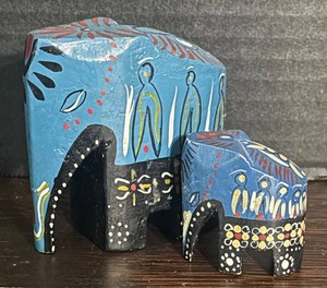 K - Two Wooden Elephant Figurines