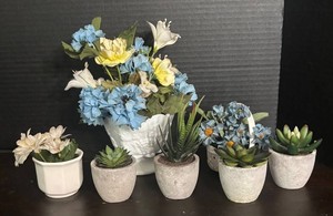 LR - Faux Floral Arrangements & Succulents In Mixed Containers
