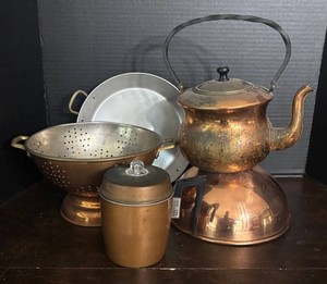 LR - Vintage Copper Kitchenware including Strainer, Kettle, Bowl & More