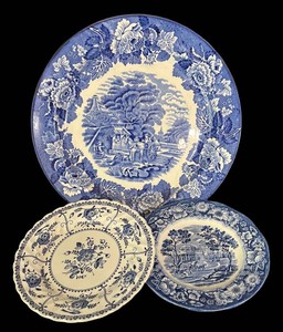 LR - Three Vintage Blue and White Plates Liberty Blue, Johnson Bros & Woods Ware