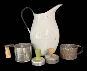 LR - Vintage Kitchen Collectibles including Enamel Pitcher, Sifter, Cookie Cutters and More