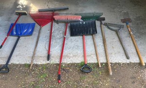 G - Tool Assortment including Shovels, Rakes, Hoes, Squeegee and More