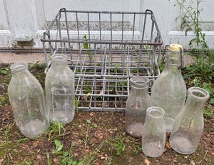 G - Vintage Milk Bottle Crate With 6 Glass Bottles