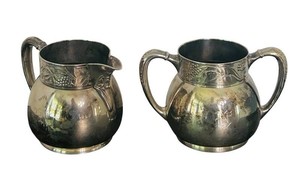DR - Vintage Silverplate Cream Pitcher and Double Handled Sugar Bowl  Grapevine Pair Monogram M