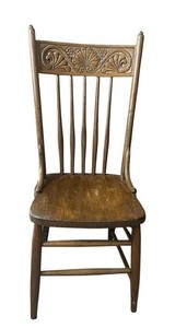 DR - Antique Oak Side Chair Pressed-Back Spindle Carved Top Rail