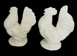 DR - Rooster Figurines Pair White Glazed Ceramic