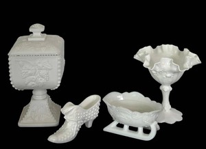 Vintage Westmoreland Milk Glass Pedestal Candy Dish, Vintage Fenton White Milk Glass Slipper Shoe and More