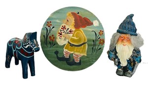 LR - Scandinavian Folk Art Decor Mixed Lot Dala Horse, Wooden Painted Plate & Gnome