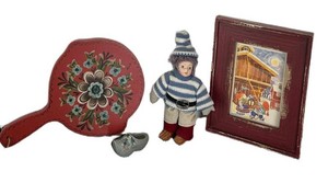 LR - Folk Art Decor Grouping Rosemaling Painted Cutting Board, Framed Art & Doll