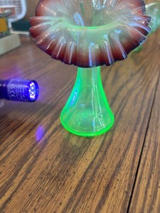 Uranium Glass Art Vase With Ruffled Cobalt Rim