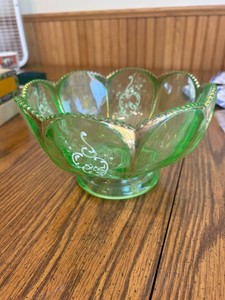 Green Etched Glass Pedestal Bowl uranium
