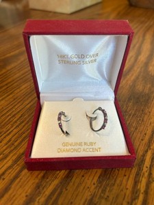 Sterling Silver Hoop Earrings With Ruby & Diamond Accent