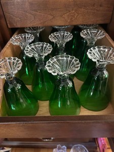 Green Stemmed Glasses & Clear Pressed Glass Dishes Mixed Lot