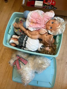 cabbage patch Baby Dolls, Plush Dog & Storage Totes Mixed Lot