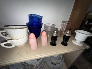 Lot of Vintage Glass & Ceramic Tableware Shakers Cups Milk Glass