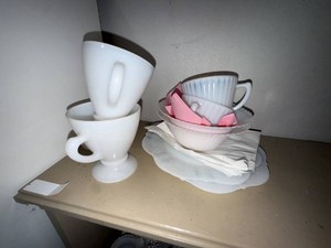 Assorted Vintage Milk Glass Cups Bowls Plates & Creamer Set
