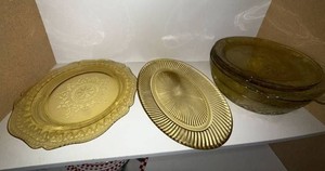 Vintage Amber Depression Glass Serving Pieces Cups Bowls Mixed Lot