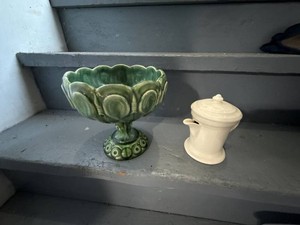 Lot of Vintage Pottery Compote Bowl and White Lidded Ceramic Pot
