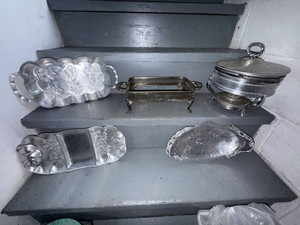 Vintage Silverplate & Aluminum Serving Pieces Chafing Dish Tray Lot