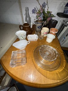 Box Lot of Assorted Vintage Glassware Pottery Teapot Planters Decor
