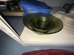 Vintage Olive Green Textured Glass Serving Bowl Set