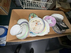Box Lot of Assorted Vintage China Plates Saucers Cup & Glass Plate