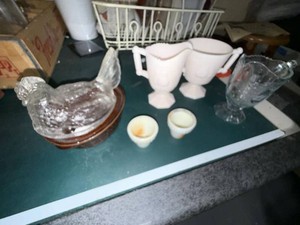 Vintage Glassware Lot Pink Milk Glass Creamer Sugar Hen Dish