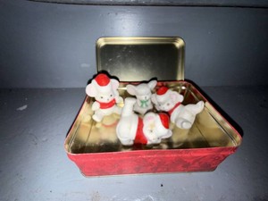 Vintage Christmas Mouse Figurines With Holiday Tin Trinket Box