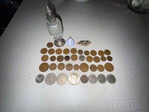 Mixed Vintage Coin Lot With Glass Shaker & Stones Estate Find