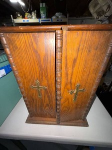 Vintage Oak Religious Wall Cabinet With Brass Cross Doors Purple Lining